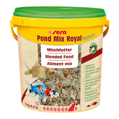 sera Pond Mix Royal Nature ist das Hauptfutter aus schonend hergestellten Flocken, Granulaten und ganzen Gammarus zur ganzjährigen Fütterung in Teichen mit gemischtem Besatz. Natürlich frei von Farb- und Konservierungsstoffen.