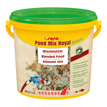 sera Pond Mix Royal Nature ist das Hauptfutter aus schonend hergestellten Flocken, Granulaten und ganzen Gammarus zur ganzjährigen Fütterung in Teichen mit gemischtem Besatz. Natürlich frei von Farb- und Konservierungsstoffen.